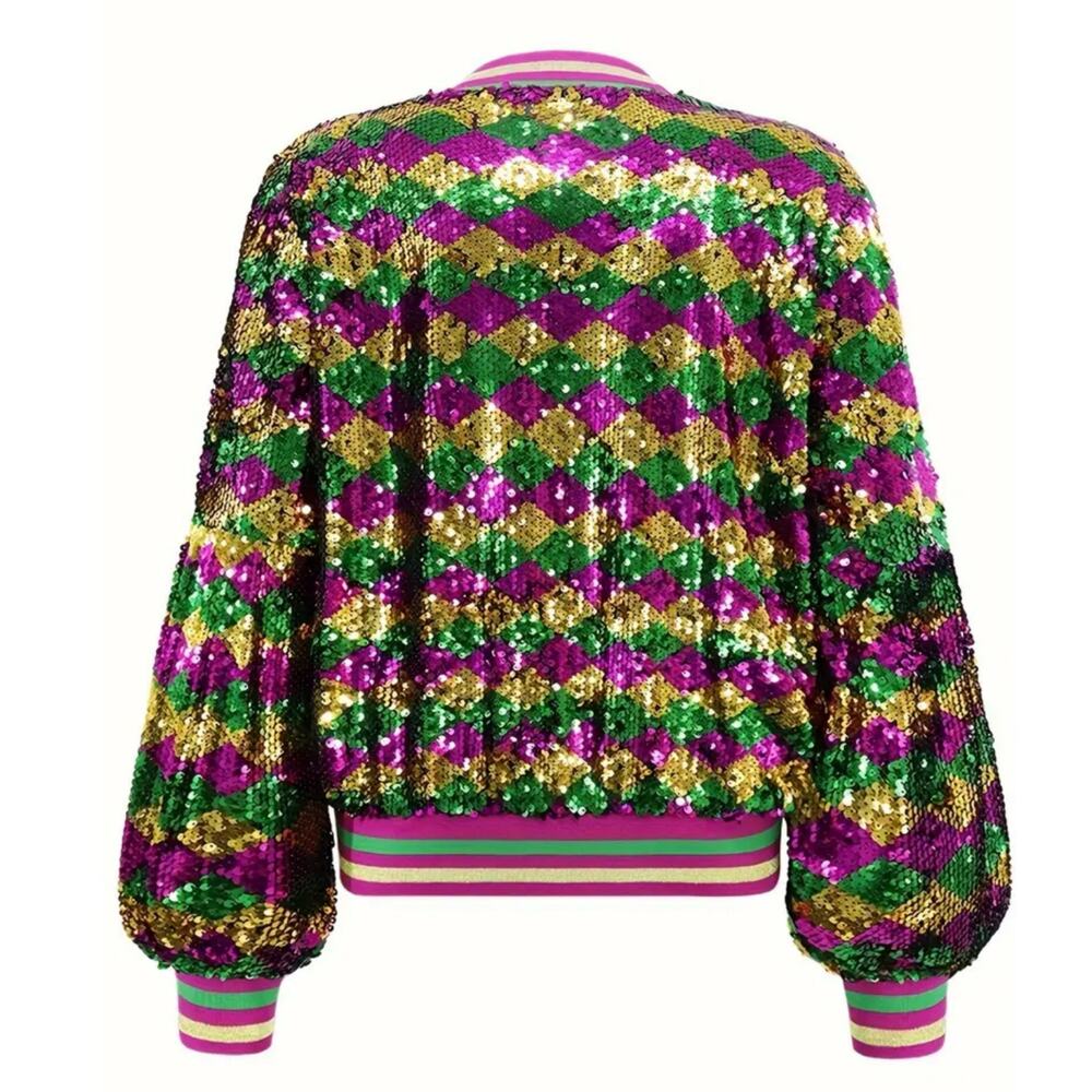 NEW Sequin Bomber Jacket M Mardi Gras New Orleans Purple Green Gold Glitter Rave - Picture 5 of 6